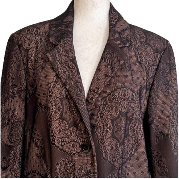 Rafaella Blazer Brown Black Lace Overlay Flap Pockets Career Jacket Size 12 - Picture 3 of 12